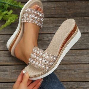 Plus Size Women Pearl & Rhinestone Embellished Platform Wedge Sandals, Handmade,
